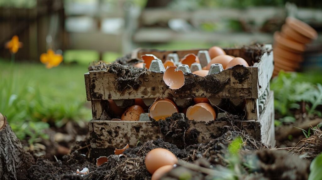 Compost bin in garden with egg cartons decomposing into compost material