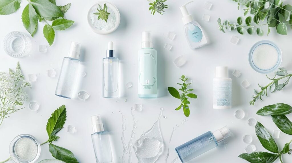 Clean and Clear skincare products with fresh water spray and green plants, cruelty-free and natural quality.