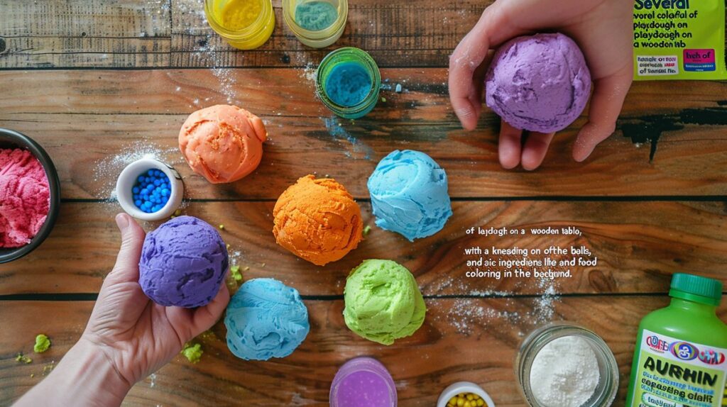 Colorful playdough balls on a wooden table with a hand kneading, featuring non-toxic ingredients like flour, salt, and food coloring in the background.