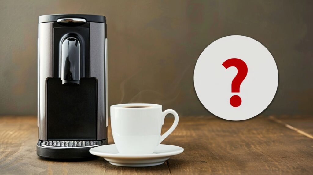 Keurig coffee machine with full cup of coffee and warning sign indicating potential harm