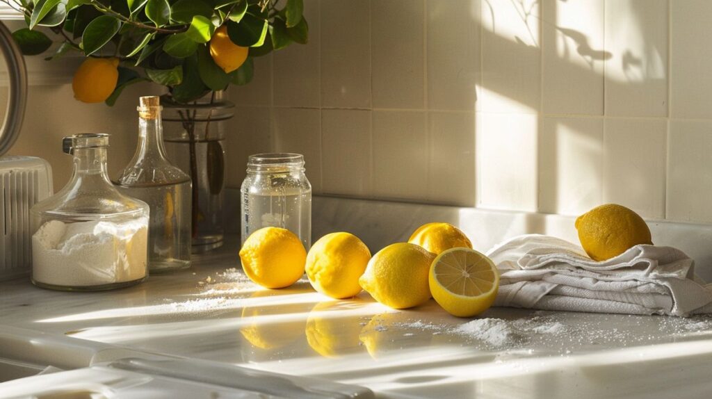 Fresh organic ingredients like lemons, baking soda, and vinegar on a bright kitchen counter with an empty glass jar and a clean pile of laundry on the side.