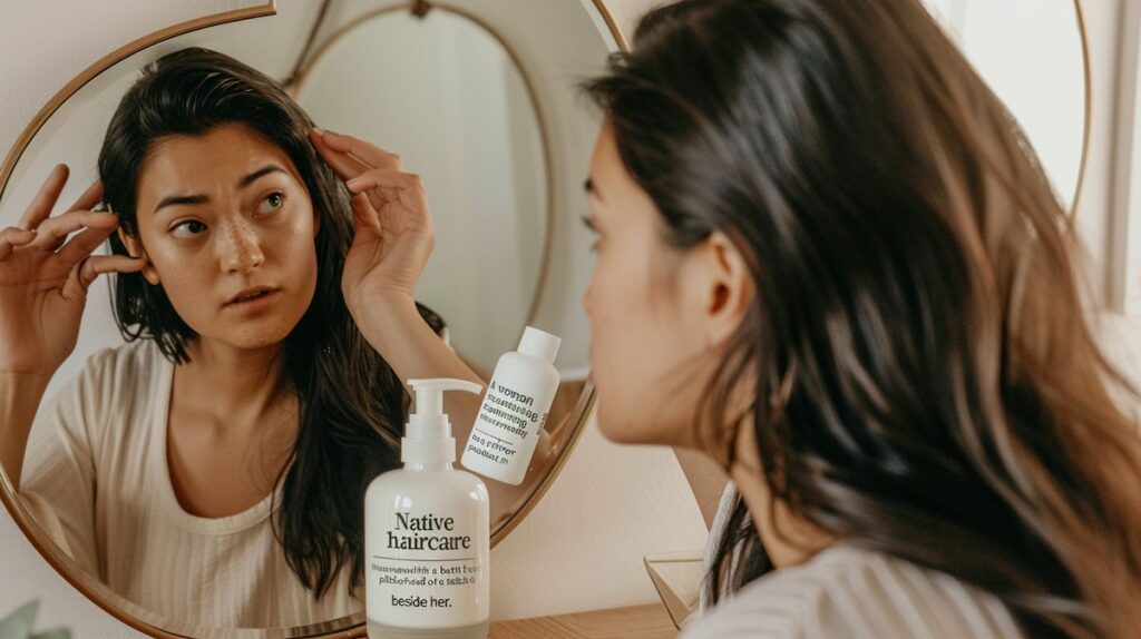 Woman examining her hair in mirror with Native haircare product on table