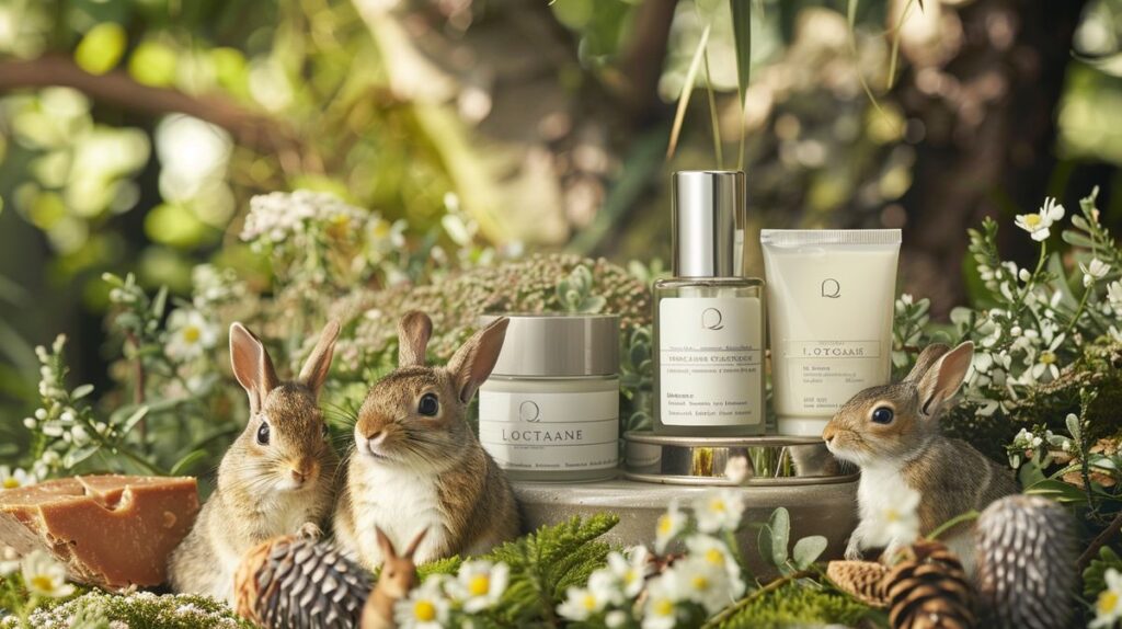 L'Occitane skincare products on a table with nature backdrop, surrounded by happy rabbits and squirrels, highlighting cruelty-free aspect