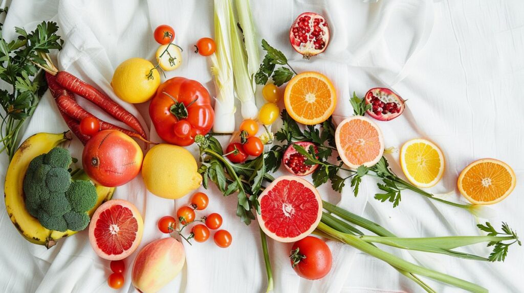 Vibrant fresh fruits and vegetables on white tablecloth promoting health and non-toxic diet