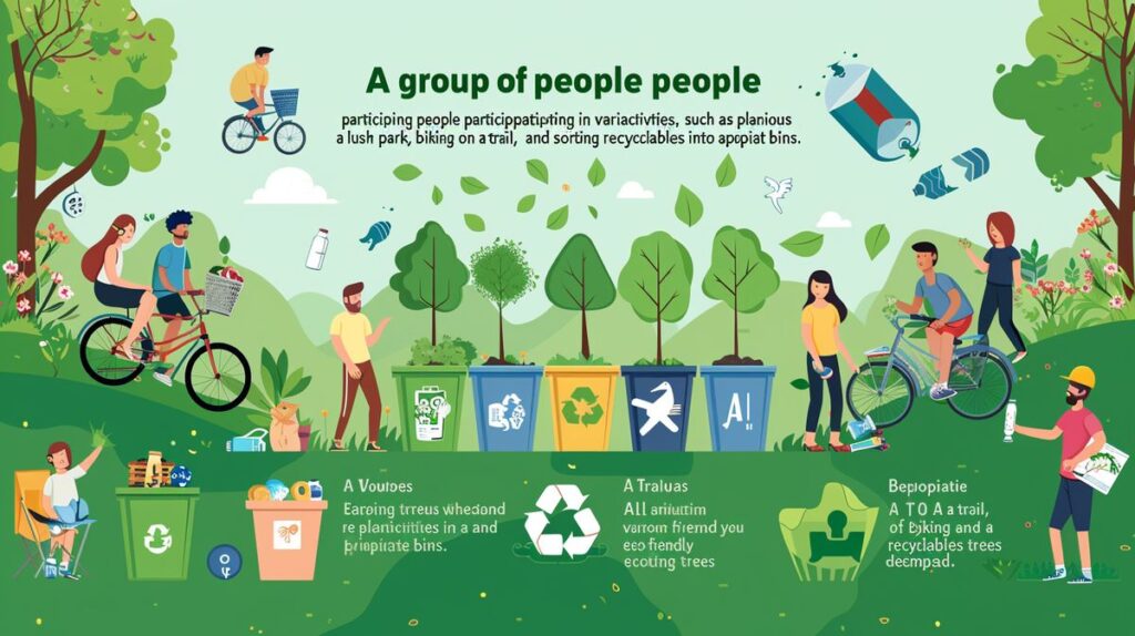 Group of people engaging in eco-friendly activities like tree planting, biking, and recycling in a park