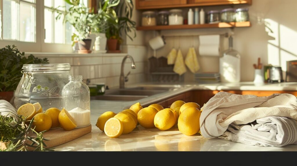 Fresh organic ingredients including lemons, baking soda, and vinegar on a bright kitchen counter with an empty glass jar and clean laundry pile.