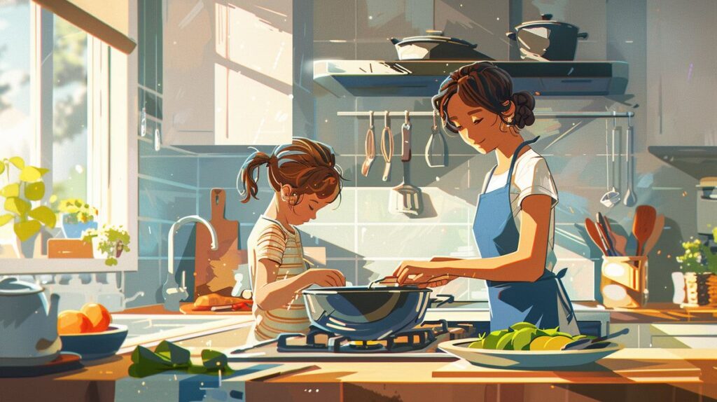 Kitchen scene with Carote cookware on stove, mother and child cooking, showcasing clean and shiny non-toxic cookware, safe and healthy for family use.