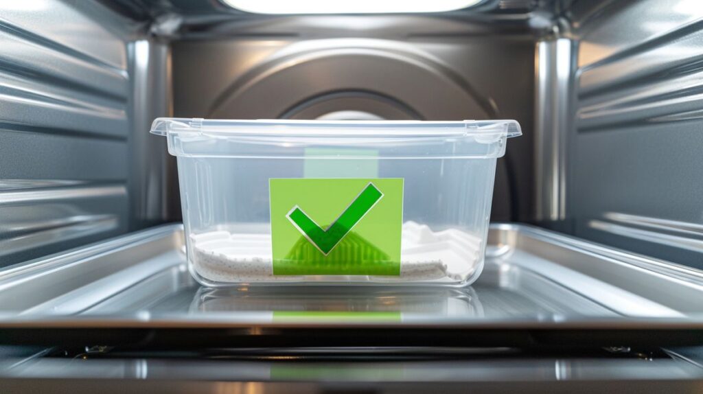 Microwave-safe silicone container with green check mark indicating safety