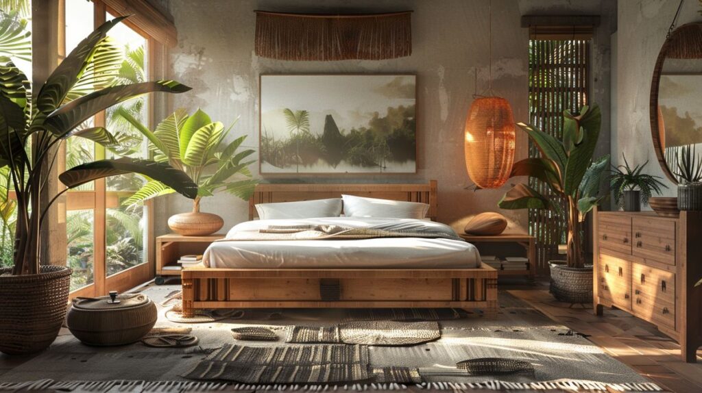 Serene bedroom with eco-friendly wooden bed, bamboo dresser, and potted indoor plants