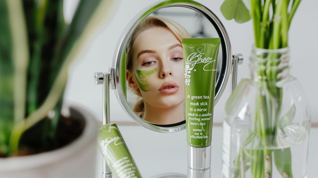 Green tea mask stick next to mirror reflecting satisfied woman’s face, does the green tea mask stick work