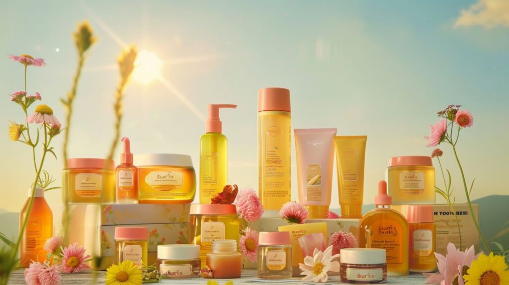 Burt's Bees skincare products in natural setting with clear sky and stylised sun overhead