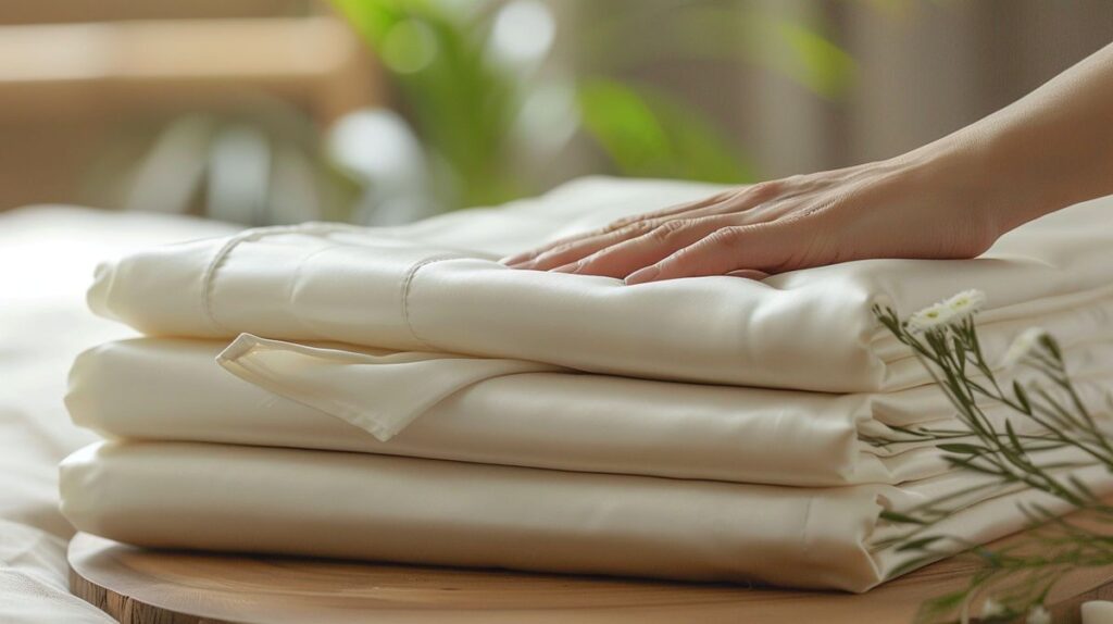 Soft bamboo sheets stack in calming setting, hand pressing top sheet, showing texture and natural origin