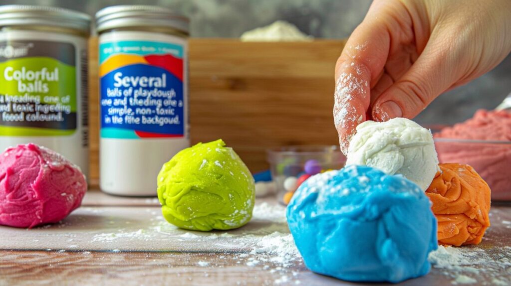 Colorful playdough balls on a wooden table with a hand kneading dough and non-toxic ingredients like flour, salt, and food coloring in the background