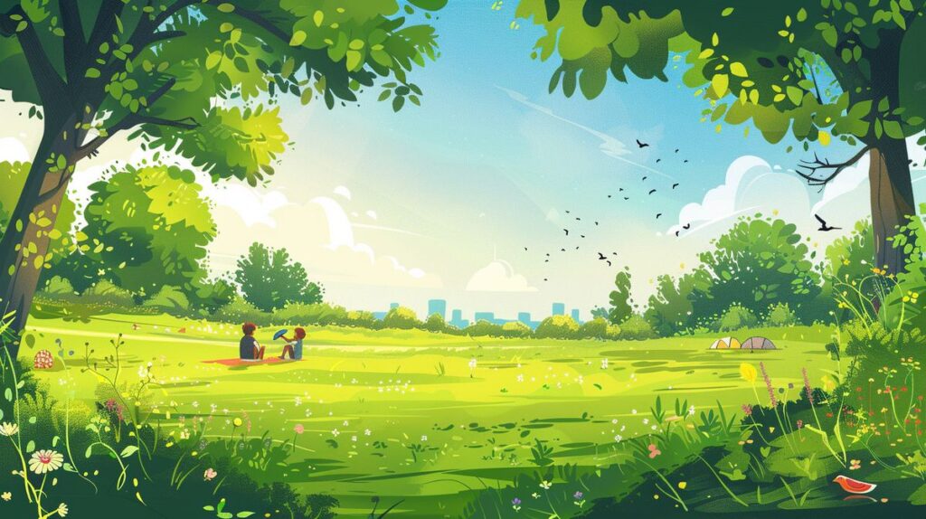 Family picnic in a vibrant green field with lush grass and trees under a clear sky, emphasizing a clean, non-toxic environment