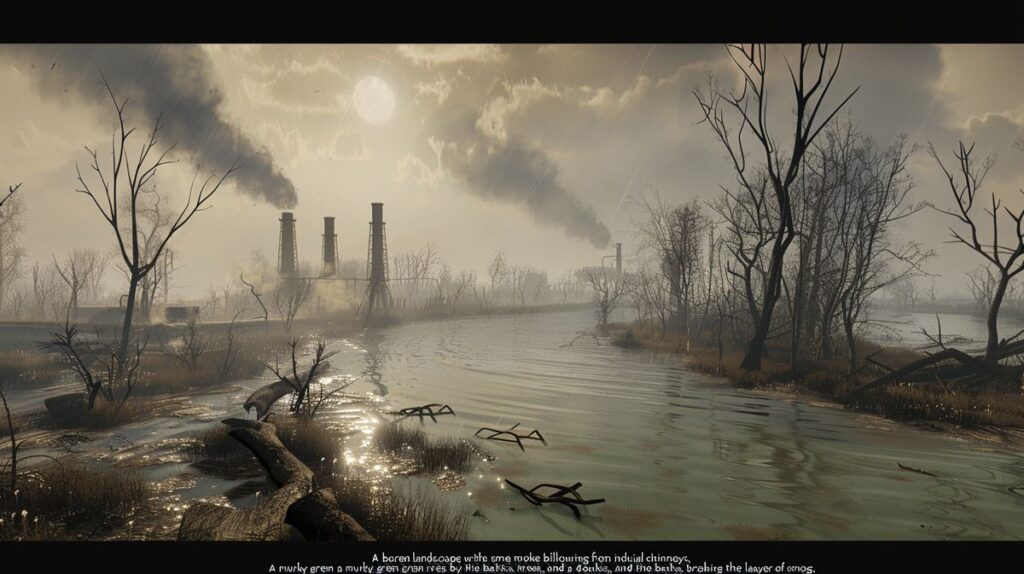 Industrial pollution with smoke from chimneys, murky green river, dead trees, and smog-covered sun