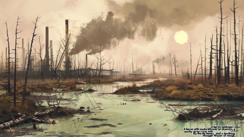 Barren landscape with industrial smoke, polluted green river, dead trees, and sun obscured by smog