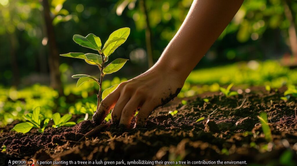 Person planting a tree in a lush green park, demonstrating how to help the environment