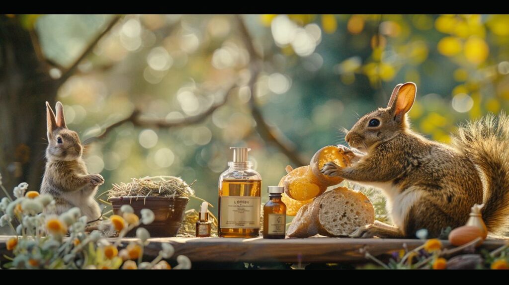 L'Occitane skincare products on a table with nature backdrop, surrounded by happy rabbits and squirrels, highlighting cruelty-free aspect