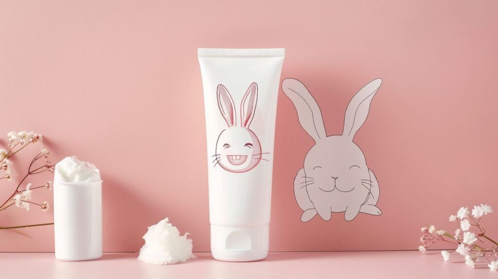 Crest cruelty free toothpaste with a tick mark and a happy, healthy bunny sketch