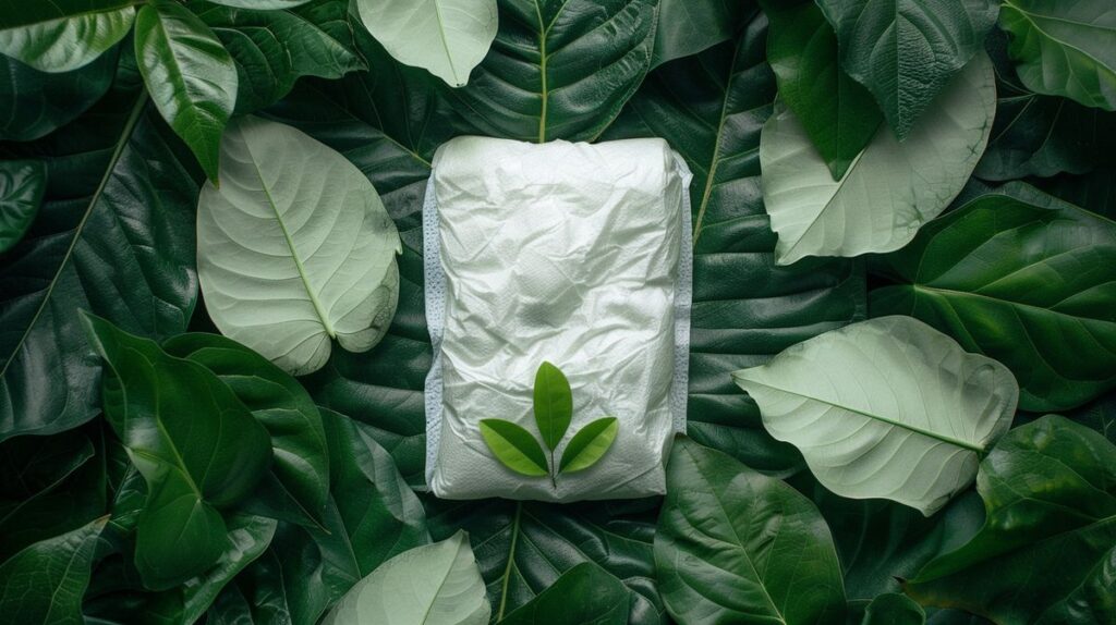 Pack of Millie Moon diapers surrounded by green leaves symbolizing non-toxicity, answering the question are Millie Moon diapers non toxic