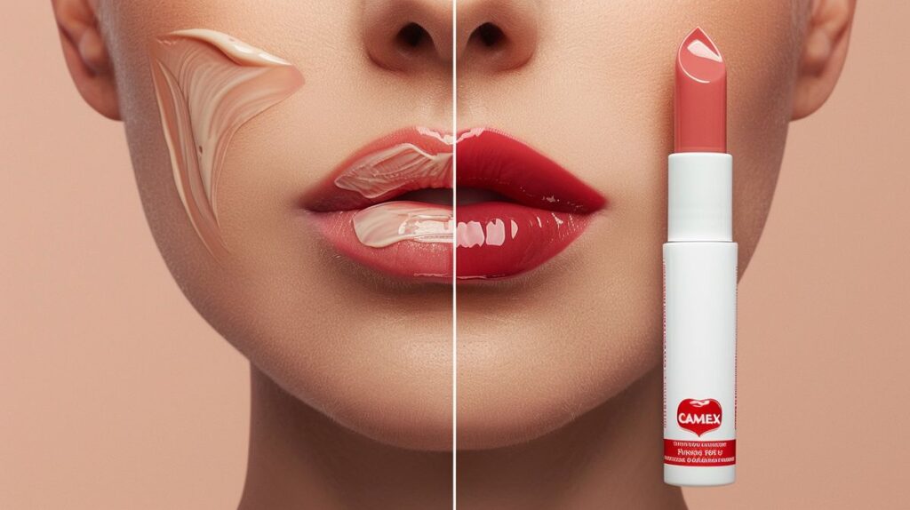 Before and after image of lips using Carmex lip balm; dry and chapped lips transformed to moisturized, smooth, and healthy lips