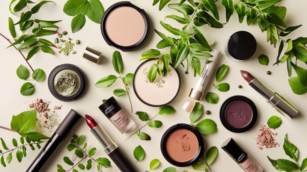 Bare Minerals non toxic makeup products including foundation, lipstick, and eyeshadow artistically arranged with a green vine symbolizing non-toxicity.