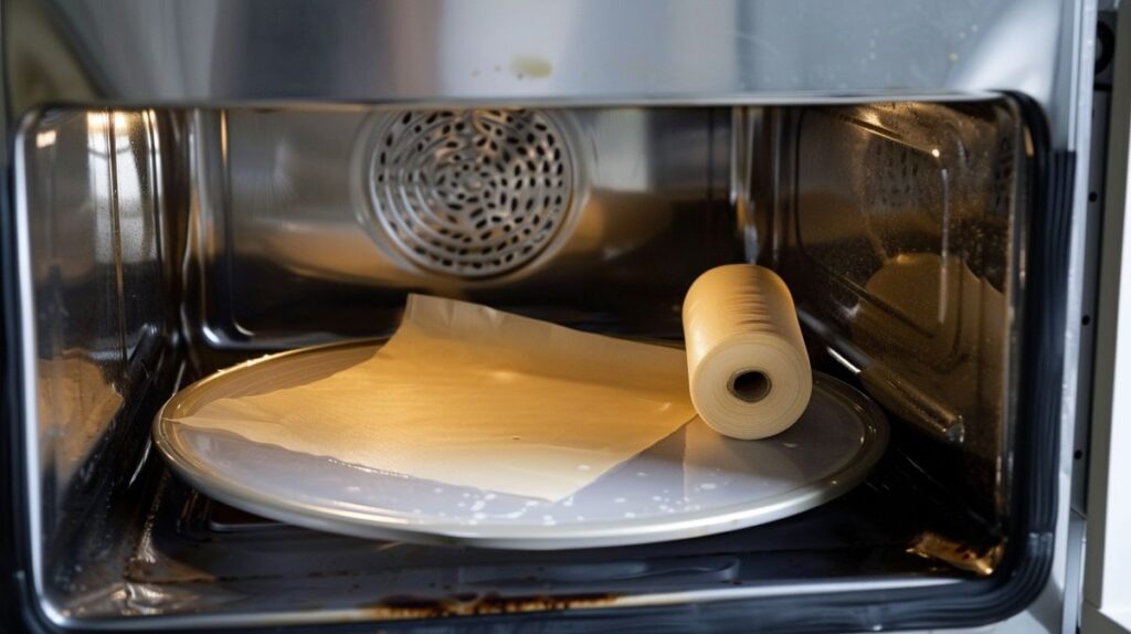 Open microwave with parchment paper on a microwave-safe plate and roll of parchment paper nearby