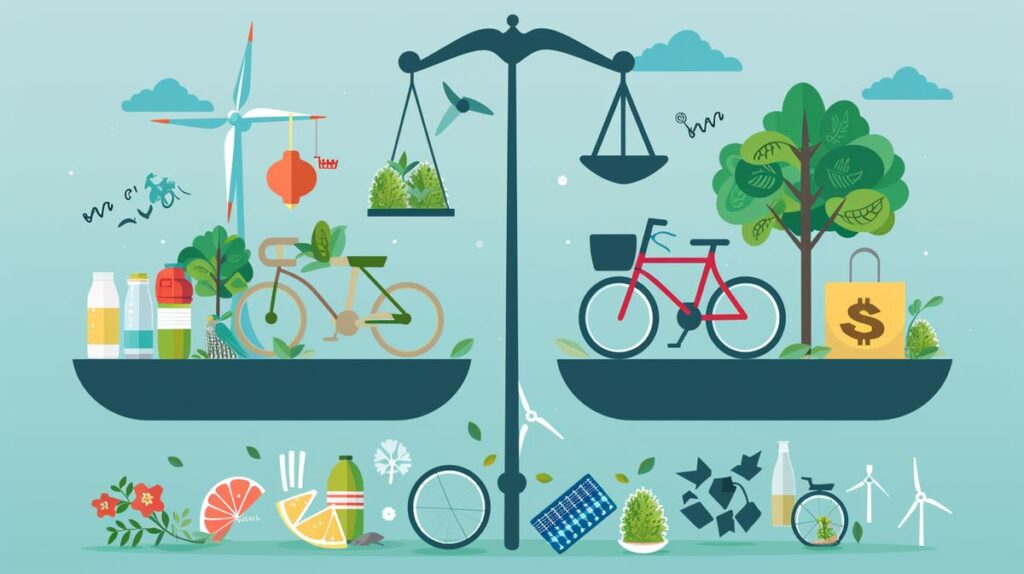 Balanced scale with eco-friendly items like a recyclable bottle, bicycle, and solar panel on one side, and sustainable items like a tree, reusable bag, and wind turbine on the other side.