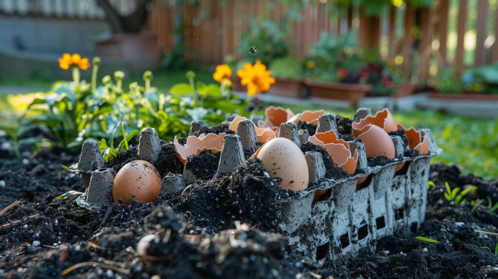 Compost bin in garden with egg cartons decomposing into compost material