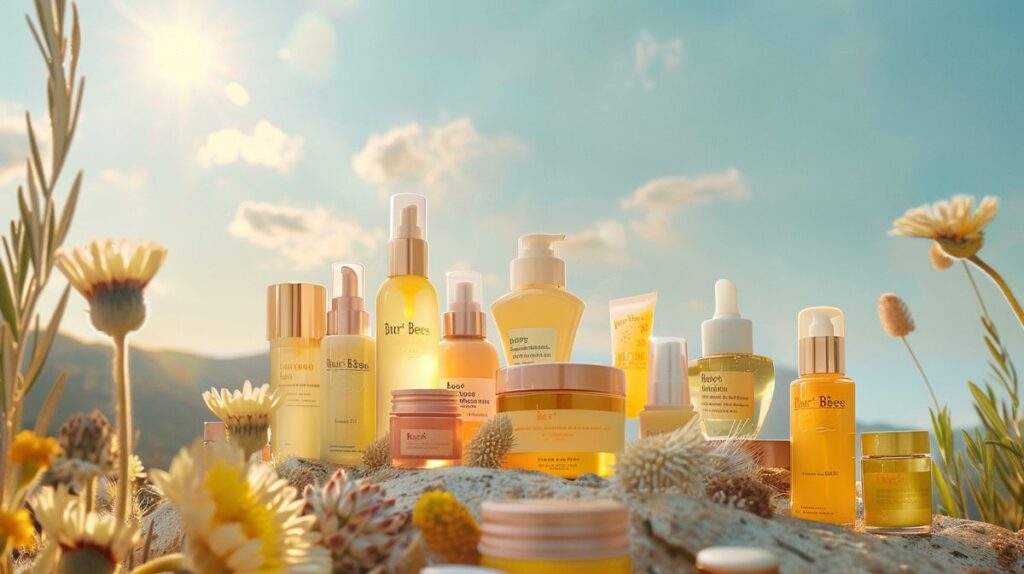 Burt's Bees skincare products including lip balms and lotions in a natural setting under a clear sky with a stylized sun overhead