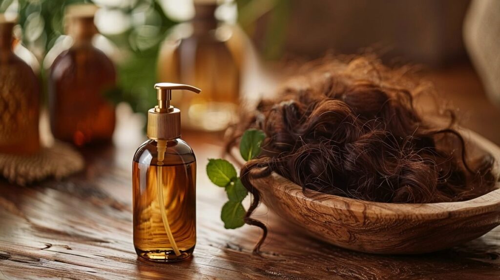 Native shampoo on wooden table with curly hair in background - is Native shampoo good for curly hair?