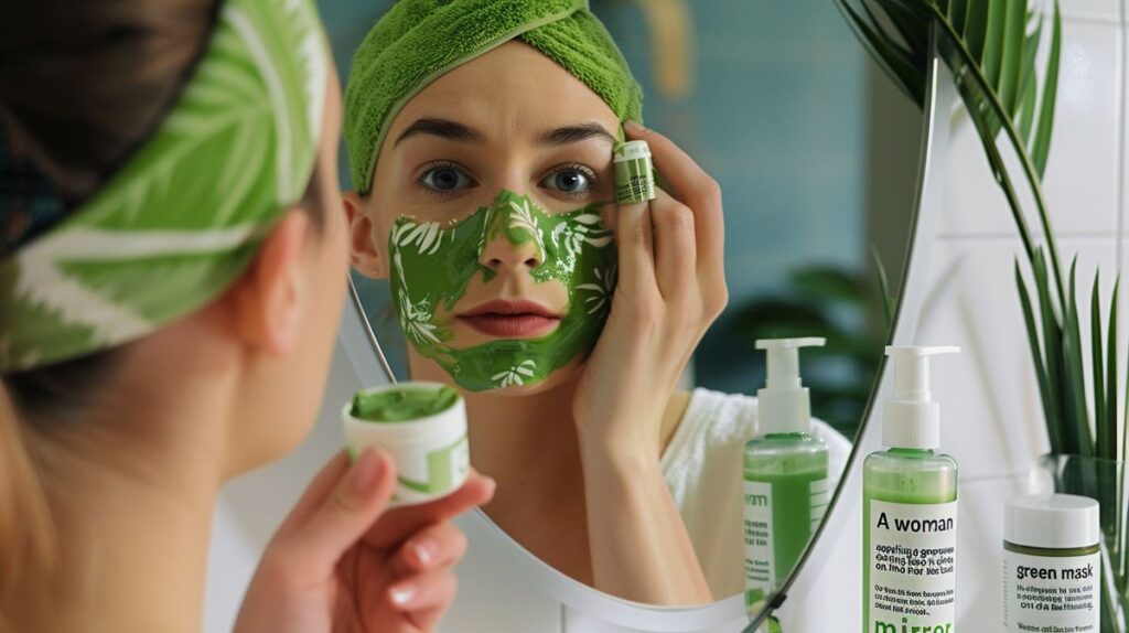 Woman applying green mask stick on face in front of bathroom mirror