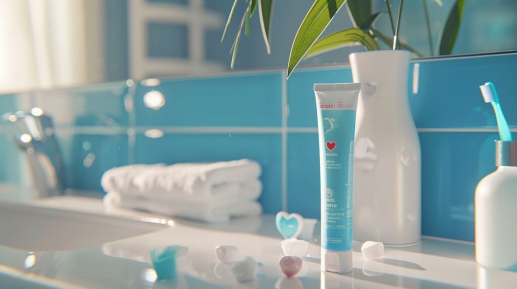 Crest toothpaste on bathroom counter with hearts and safety green tick symbol