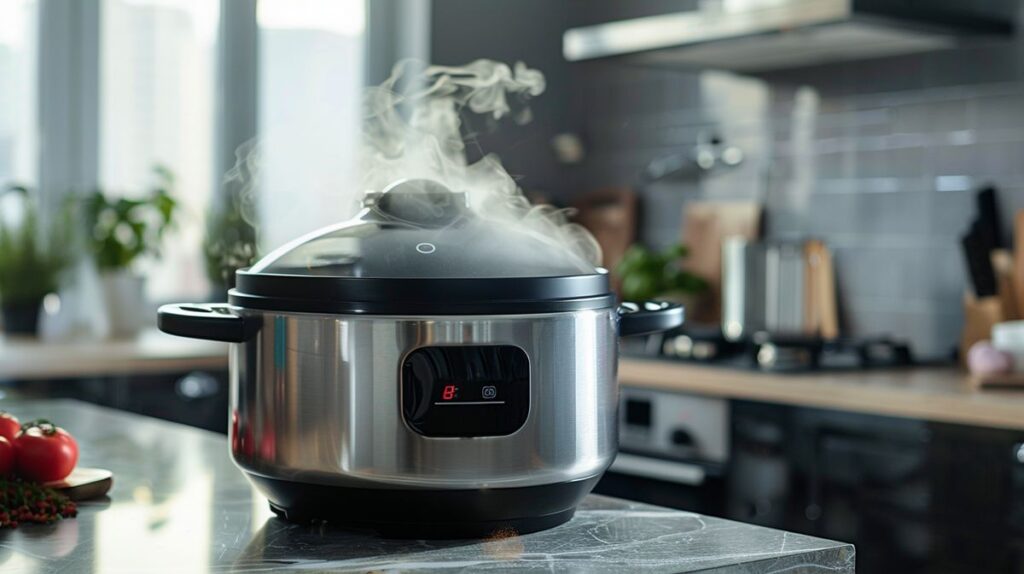 High-quality non-toxic slow cooker in use with steam rising on kitchen countertop