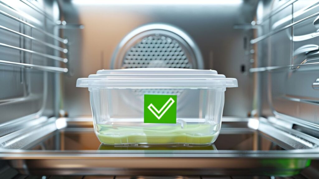 Microwave-safe silicone container with green check mark indicating safety