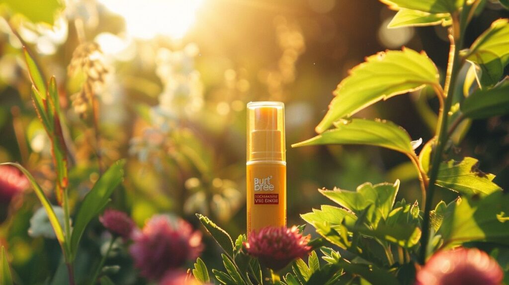 Burt's Bees lip balm tube with fresh flowers and leaves in natural setting, reflecting light, symbolizing natural ingredients and positive review