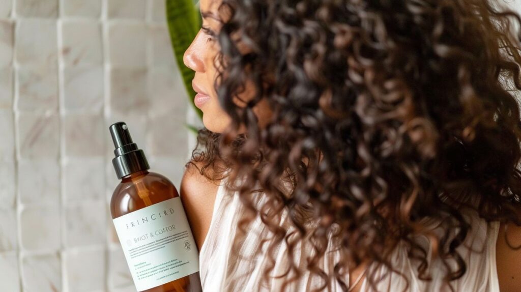 Native shampoo bottle next to healthy, radiant curly hair