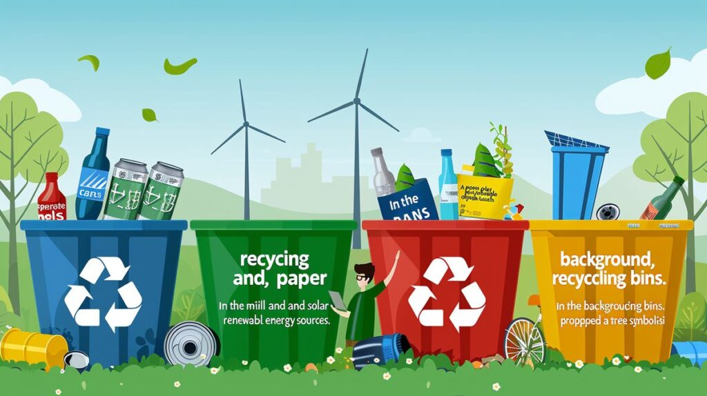 Person recycling cans, bottles, and paper into bins with windmill, solar panels, and bicycle in the background for eco-friendly and renewable energy themes.