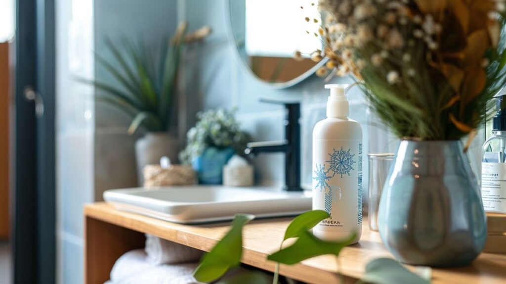 Bottle of Native shampoo on bathroom counter with snowflakes symbolizing dandruff and a check mark indicating effectiveness; does Native shampoo help with dandruff