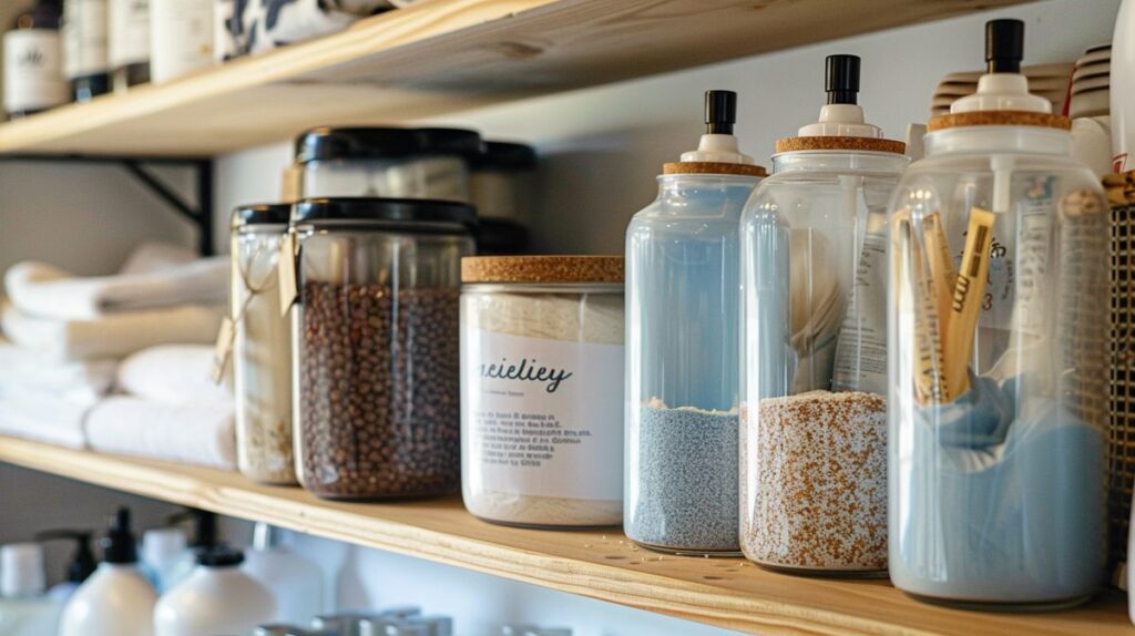 Eco-friendly laundry products: Nellie's laundry soda canister and Molly's suds package on a laundry room shelf.