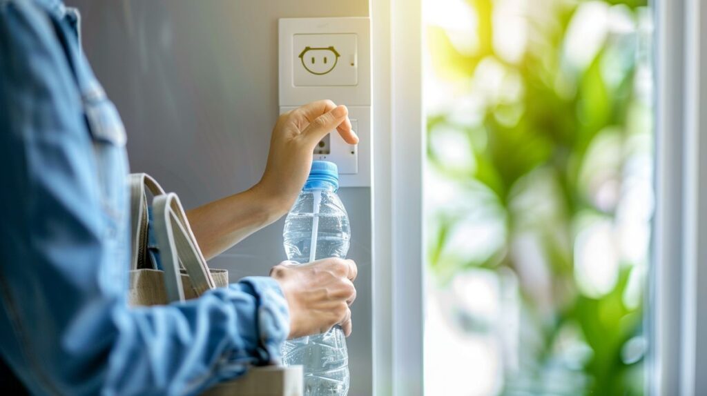 Person turning off light switch for energy conservation with reusable water bottle and cloth shopping bag nearby