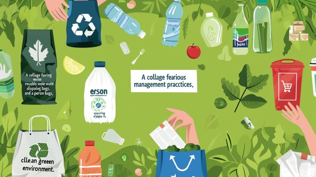 Collage of waste management practices: compost bins, reusable shopping bags, refillable water bottles, recycling paper, green environment backdrop