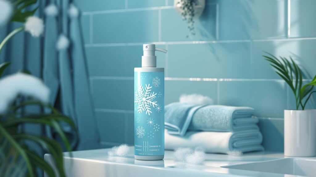 Native shampoo bottle on bathroom counter with illustrated snowflakes symbolizing dandruff