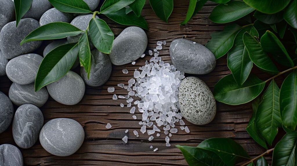 Pile of white salt crystals and smooth grey stones on wooden background with fresh green leaves