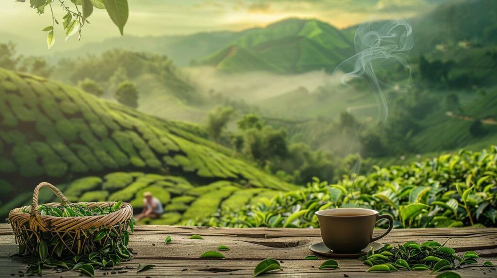 Scenic lush green tea plantation with farmer hand-picking leaves, basket of fresh tea leaves in foreground, and steaming cup of tea on wooden table