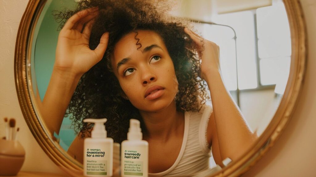 Woman examining hair in mirror with Native haircare product on table