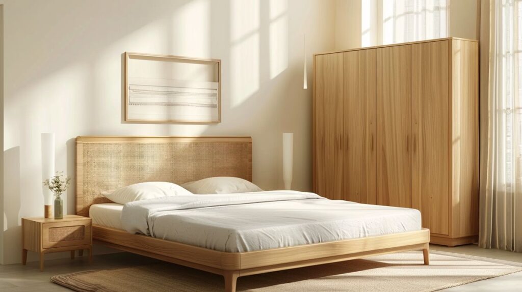 Brightly lit modern bedroom with non toxic bedroom furniture including a natural wood bed, bedside table, and wardrobe.