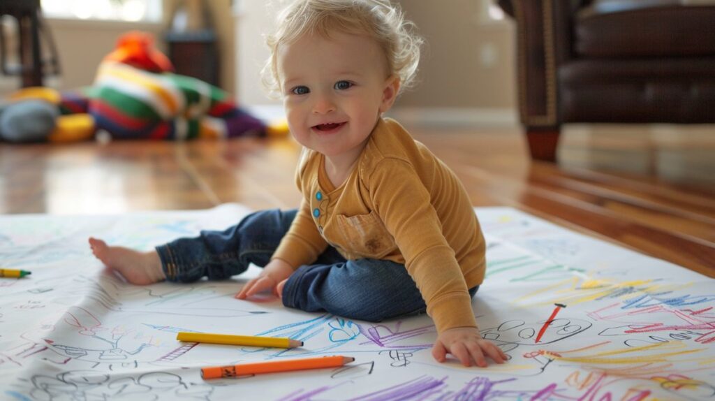 Happy one year old toddler scribbling with non-toxic crayons on a large sheet of paper.