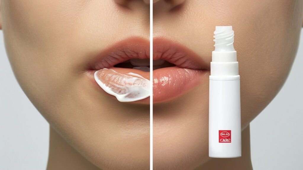 Before and after image of lips showing dry, chapped lips transformed to moisturized, smooth lips with Carmex lip balm tube.