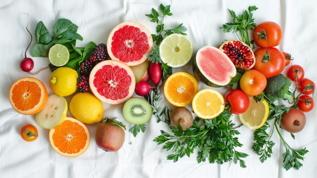 Vibrant fresh fruits and vegetables on white tablecloth promoting health and non-toxic diet